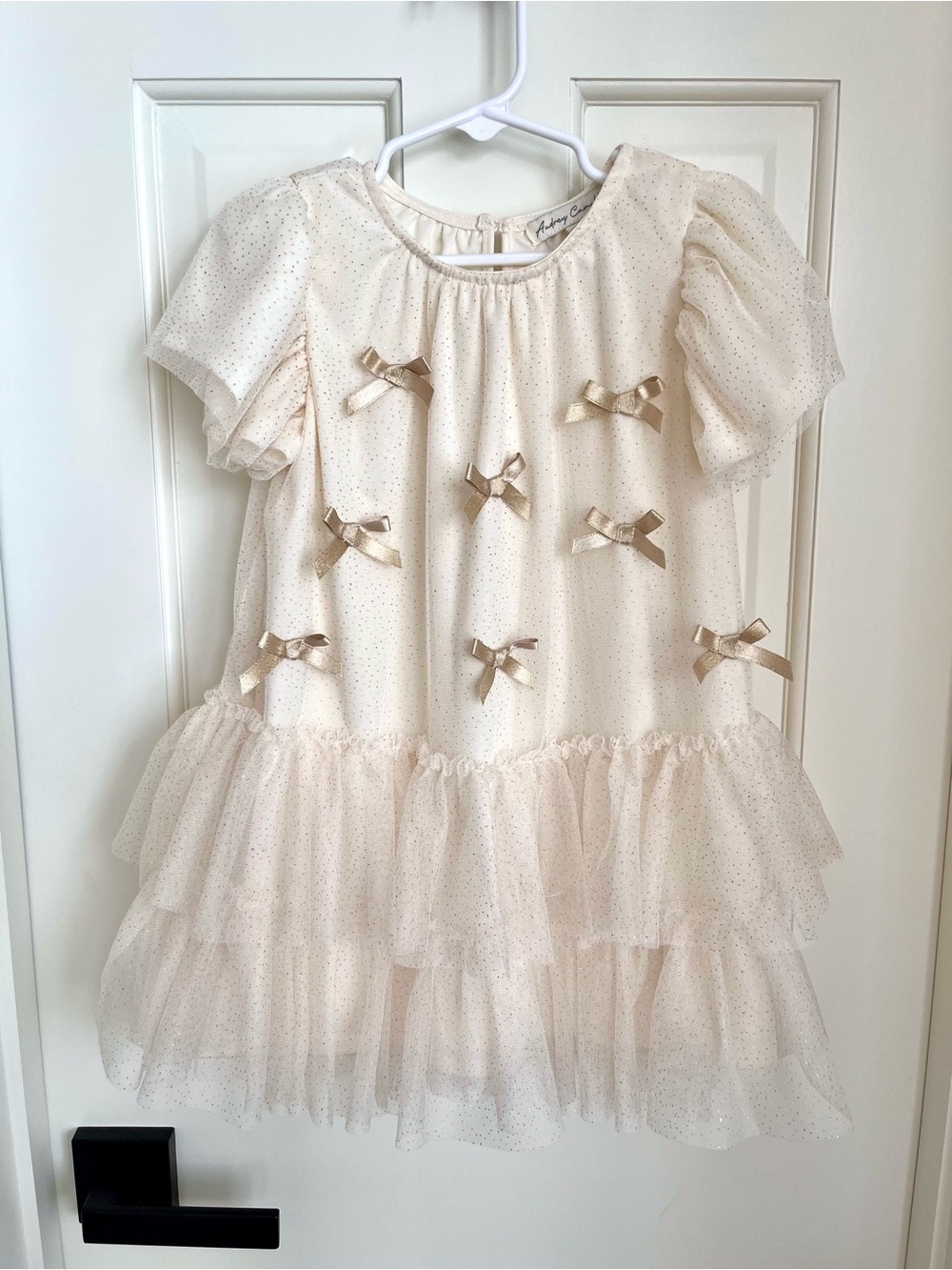 Girls Cream Tulle Holiday Party Dress with Gold Bows & Foil Glitter